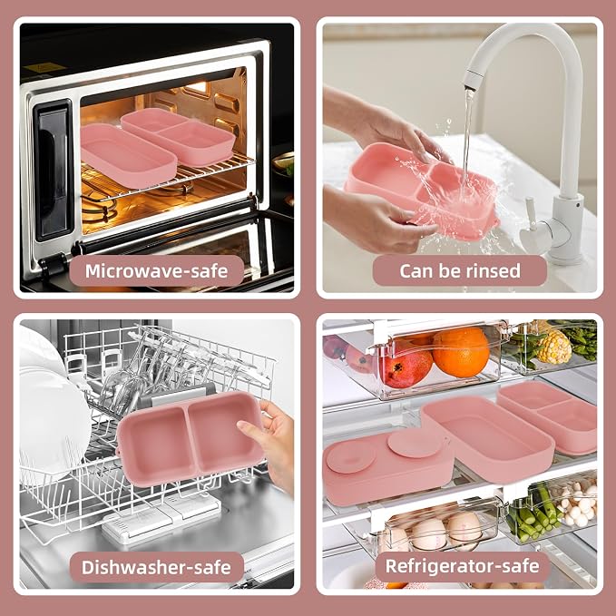 Travel Silicone Baby Feeding Set with 316 Stainless Steel Spoon & Fork ,Silicone Suction Plates, Foldable Bib, Storage Bag - Portable Infant Toddler Utensils, 6-Piece BPA-Free Dishware Kit（pink） - Image 6