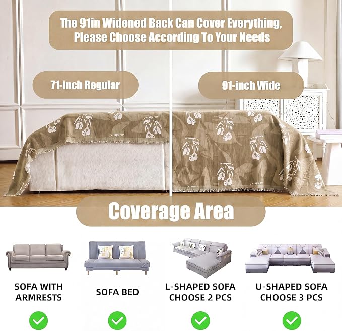 Couch Cover for Dogs Washable Sofa Cover, Sectional Couch Covers, Sofa Covers for 2 Cushion Couch, Non Slip Stripe Sofa Slipcovers Furniture Protector (Floral ‌Light Coffee 91x102) - Image 3
