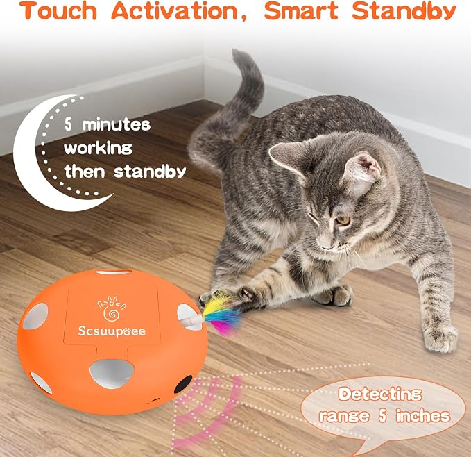 Cat Toys, Rechargeable Interactive Cat Toy, Orange | Smart Sensor Pop-Up Feather Toy with 7 Holes, USB Powered Automatic Kitten Toy for Indoor Cats - Image 5