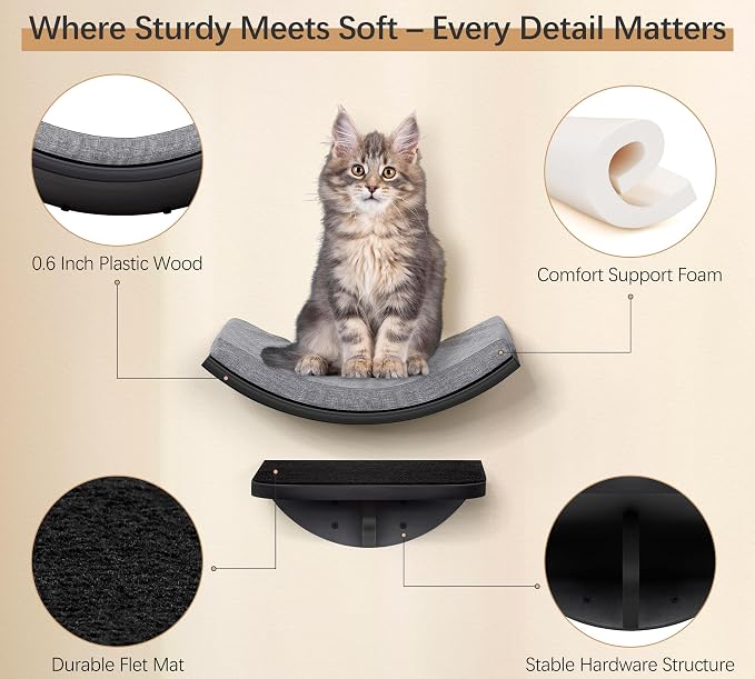 Curved Cat Wall Hammock Bed with Grey Foam Cushion – Floating Cat Wall Shelf Nest for Climbing, Sleeping & Lounging - Image 3