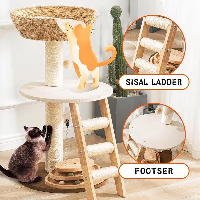 Modern Cat Tree for Indoor Cats, 30 in Cat Tower with Basket Bed | Interactive Play Base, 8cm Thick Sisal Scratching Posts, Climbing Ladder, Teaser Toy, Replaceable Cooling & Plush Mats - Image 4
