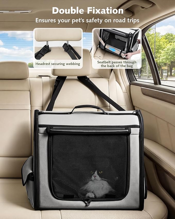 Dog Car Carrier Light Weight 19.7×16.9×14.8in, Foldable Dog Carrier, Gray | Easy to Assemble, Portable and Breathable Pet Carrier, Suitable for Indoor and Outdoor Use, Dog Travel Crate with Curtain - Image 3