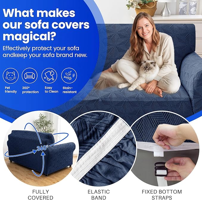 YEMYHOM 1 Piece Stretch Couch Covers for 2 Cushion Couch, Jacquard Loveseat Cover with Non-Slip Elastic Bottom, Thickened Slipcover Furniture Protector for Dogs Pets (Medium, Navy） - Image 4