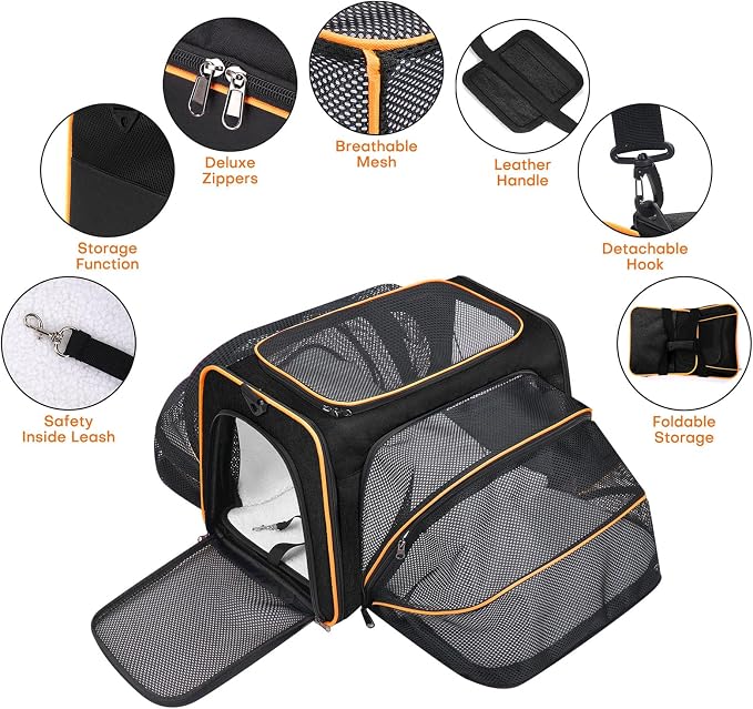 Pet Carrier, Large Soft Sided Expandable Travel Carrier with Steel Frame, Anti-Scratch Mesh, Removable Fleece Pad and Pockets for Cats, Dogs and Small Animals up to 15 lbs (Black, 5 Sides Expandable) - Image 6