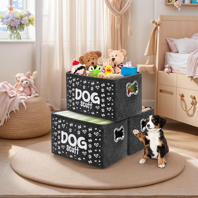 WRINGKIT 3 Pack Dog Toy Bin Basket, Large, Collapsible | Pet Puppy Storage Bin Box with Handles, Felt Storage Bin Basket for Dog Toys, Blankets, Pet Supplies Storage, Dog Room Decor - Image 7