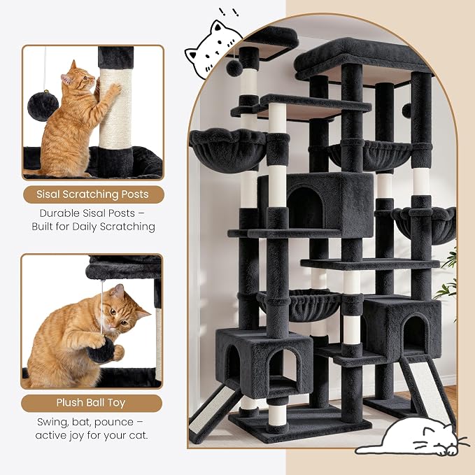 Sha Cerlin 87 in Multi-Level Tall Cat Tree Tower for Large Cats/Extra Wide Feline Activity Center/Sisal Scratching Posts/Wide Base/Cozy Plush Perches/Baskets/Hammocks/Toy Balls/Dark Grey - Image 7