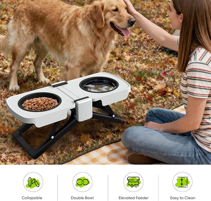 Elevated Dog Bowls Stand, Portable Travel Dog Bowls with Collapsible Silicone Double Diner Bowl, 5 Cups Capacity Food and Water Bowl with No Spill Edge Non-Slip Stand,Ideal for Medium & Large Dogs - Image 3