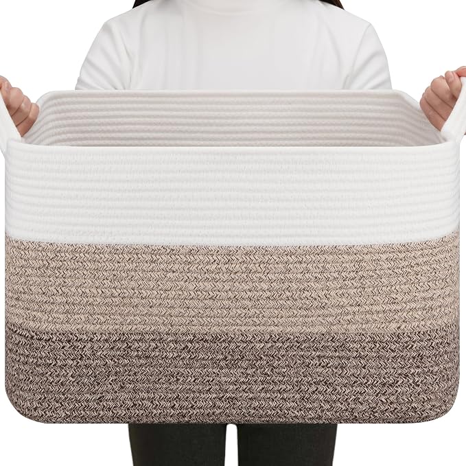 OIAHOMY Rectangle Woven Storage Basket - Nursery Cotton Rope Baskets for Storage, Toy Basket Organizing for Living Room, 17.7"x13.8"x11"- Pack of 3 - Gradient Yellow - Image 7