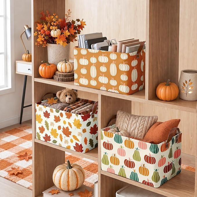 Britimes Fall Pumpkin Storage Baskets for Gift, Toy Storage Bins Box, 3Pcs | Autumn Harvest Canvas Collapsible Baskets Organizer with Handles Fall Nursery Decor Laundry Basket for Shelves Closet - Image 6