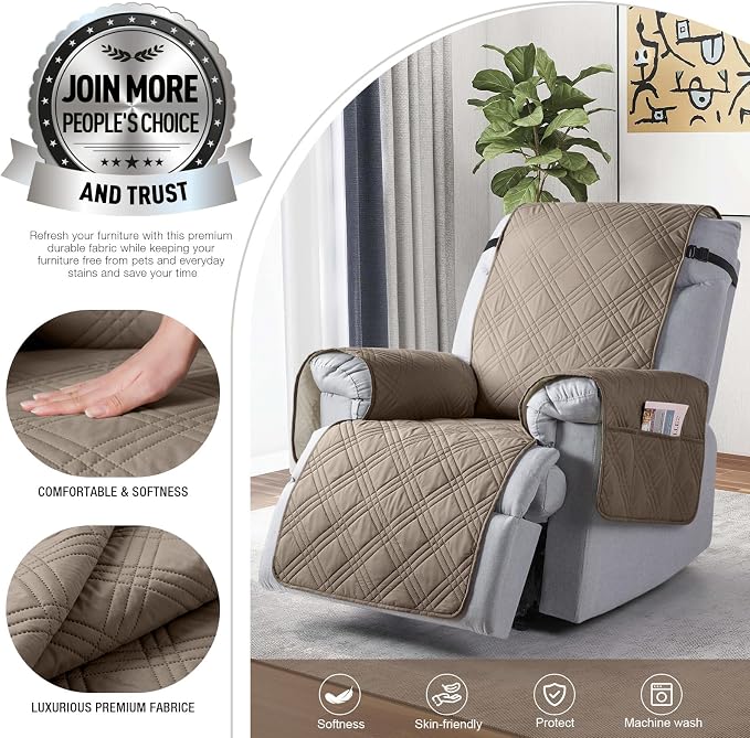 TAOCOCO 100% Waterproof Recliner Chair Covers, Non Slip Recliner Covers for Recliner Chair with Pocket, Washable Reclining Chair Cover Furniture Protector for Kids,Dogs(22'', Gray Taupe) - Image 3