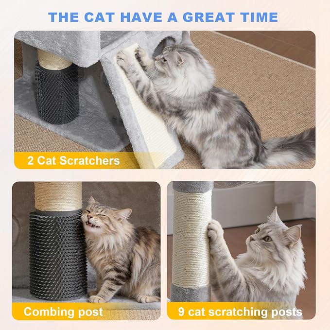 Hey-brother Cat Tree Tower with Multi-Level Platforms, Cozy Condos, MPJ085W | 71.5 Inches Cats House, Scratching Posts with 2 Hammocks, Scratch Board, 2 Plush Baskets for Multiple Indoor Cats, Light Gray - Image 5