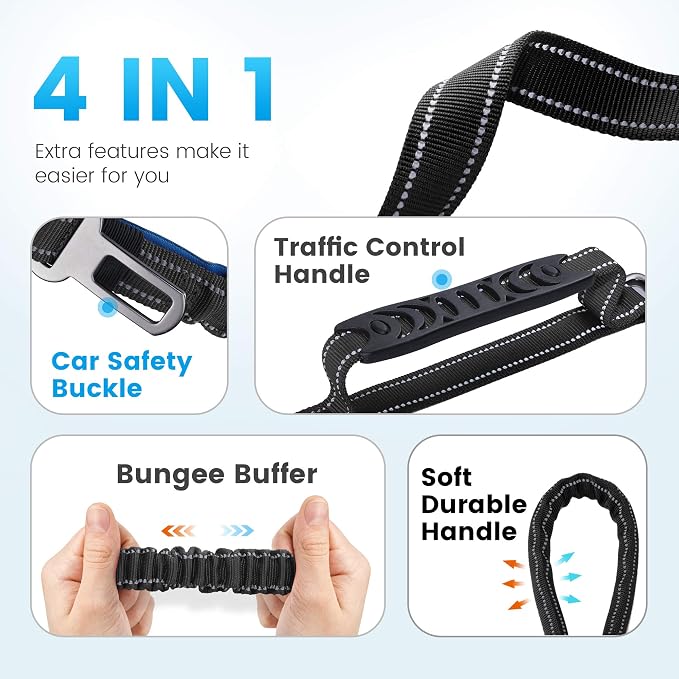IOKHEIRA 6Ft /4Ft Dog Leash Rope for Large Dogs, Heavy Duty with Comfortable Padded Handle and Highly Reflective Threads,4-in-1 Multifunctional Dog Leashes with Car Seat Belt for Training (Black) - Image 5