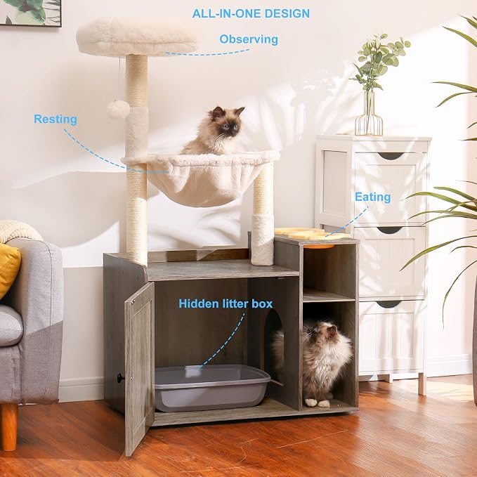 Hey-brother Cat Tree Tower, Food Station, XL Litter Box Enclosure, MPJ101SG | 48.81 Inches Wooden All-in-one Cat Furniture, Large Hammock, Bed, Scratching Posts, Big Basket for Indoor Cats, Rustic Gray - Image 2