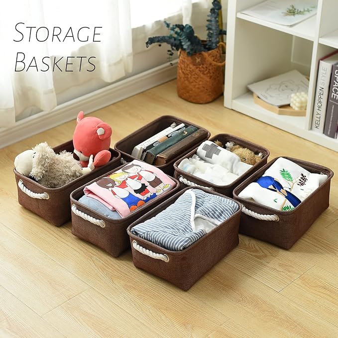 TheWarmHome Storage Basket for Organizing - 12x8x5 inch Small 6 Pack Collapsible Storage Bin for Shelves with Handles, Canves Storage Box for Cloth Closet Organizer Gift Toy (Brown) - Image 5