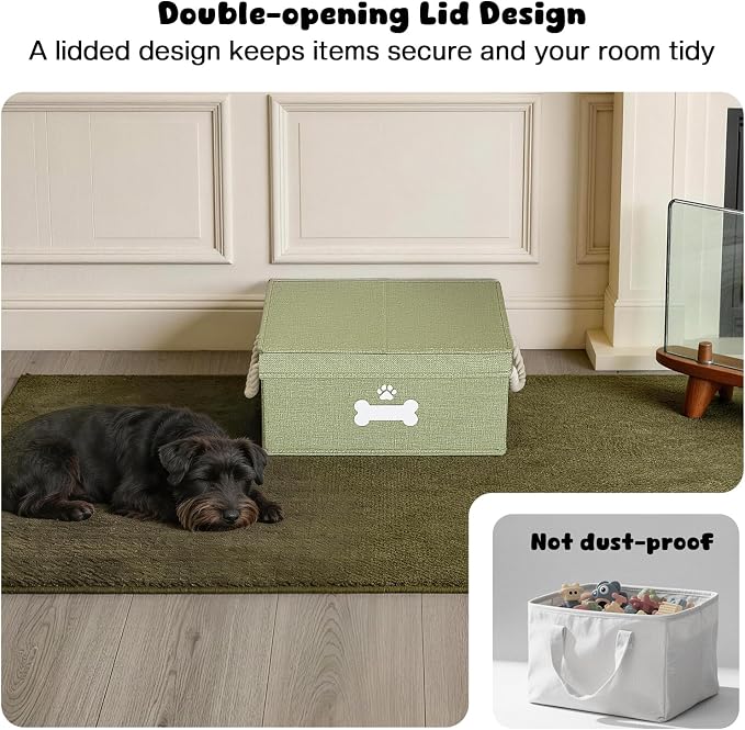 Dog Toy Basket with Double-Open Lid, Divided Dogs Basket for Toys, Collapsible Pet Toy Box, Dog Storage Organizer with 2 Divided Area, Puppy Toys Baskets with Rope Handles, Green - Image 3