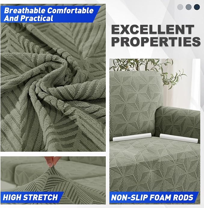 YEMYHOM 1 Piece Stretch Couch Covers for 3 Cushion Couch, Jacquard Sofa Cover with Non-Slip Elastic Bottom, Thickened Slipcover Furniture Protector for Dogs Pets (Large, Army Green） - Image 3