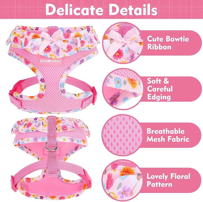 EXPAWLORER Step-in Dog Harness Small Sized and Leash Set | Cute Small Dog Harness No Pull Girl, Breathable Soft Mesh Padded, Adjustable Light Puppy Vest for Dogs Cats, Floral XS - Image 4