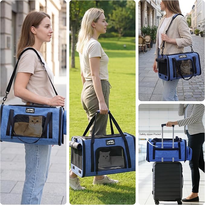 Soft-Sided Cat Carrier with Foldable Litter Box for Air Travel, Blue | A compact soft-sided carrier with a foldable litter box and organized storage for flights, car trips and hotel stays. - Image 9