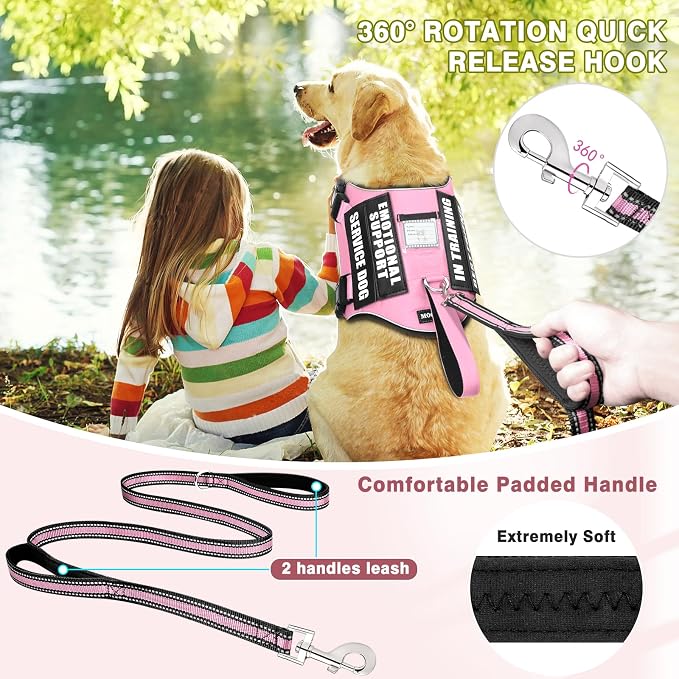 Service Dog Vest Harness and Leash Set+10 Patches,No Pull&Easy Walk Reflective Dog Harness with Soft Padded Handle for Training/Everyday,Fit Small/Medium/Large/Extra-Large Dogs (Pink L) | No Pull&Adjustable Reflective Dog Harness Large Sized,Dog Leash ... - Image 3