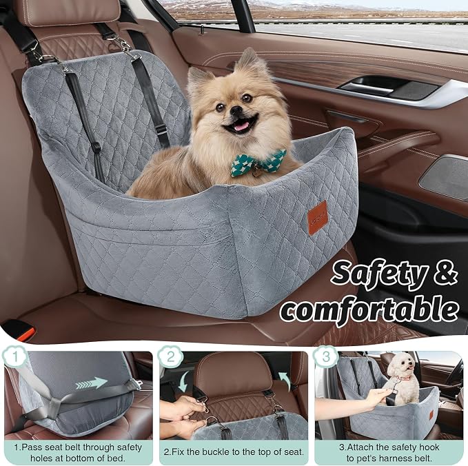 Lealchum Dog Car Seat for Medium Dogs Up to 40lbs,Fully Detachable and Washable,Easy to Install with Adjustable Straps,Anti-Slip Base Travel Car Bed for Pets,2 Side Pockets(Grey,Medium) - Image 7