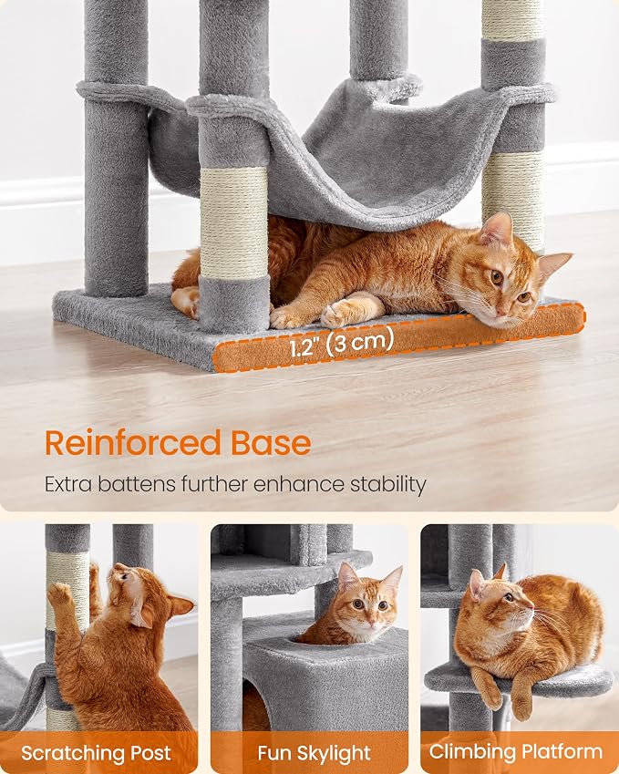 Feandrea Cat Tree, 59.5-Inch Tall Cat Tower, Plush Multi-Level Condo with 5 Scratching Posts, 2 Perches, 2 Caves, Hammock, 2 Pompoms, Light Gray UPCT192W01 - Image 7