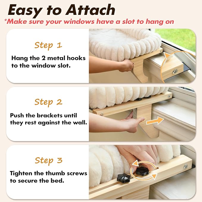 Zoratoo Cloud-Soft Wooden Cat Window Sill Perch with Zipper Cushion,M White | 21.7’’x18’’, Removable for Machine Wash, Fluffy Plush Bolster, Sturdy Metal Frame for Large Cats up to 40lbs, Easy to Adjust - Image 9