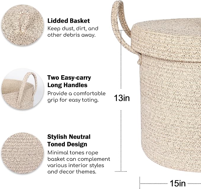 15”x13” Storage Basket with Lid, Blanket Storage for Living Room, Woven Cotton Rope Bin with Cover, Kids Dog Toy Box, Baby Laundry Basket with Lid, Covered Blankets Pillows Holder, Brown - Image 2