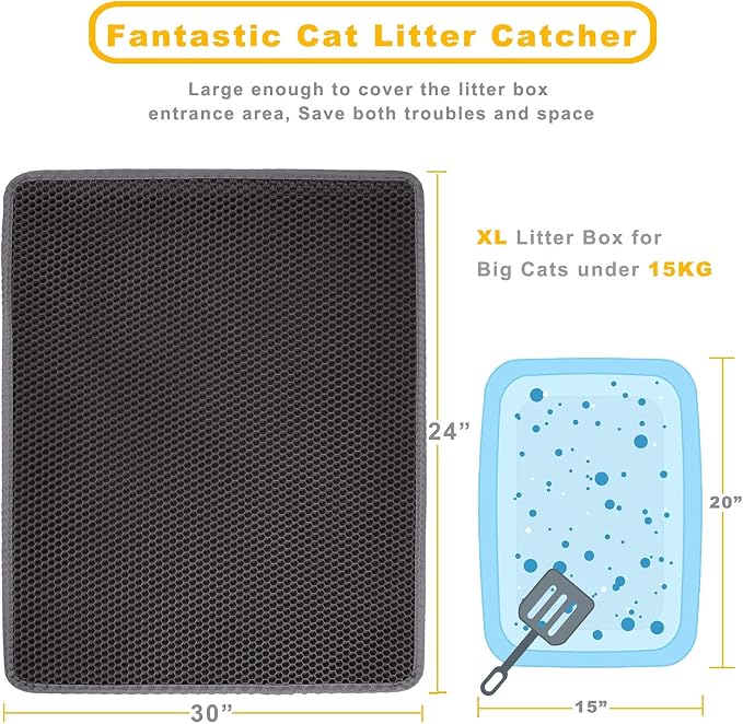 LeToo Cat Litter Mat Large 30 x 24 in No Phthalate Non-Slip Urineproof Grey | Premium EVA Sleeping Pad, Honeycomb Double Layer Design Kitty Scratcher, Litter Box Trapping Rug, Washable Vacuum Easy Clean - Image 2