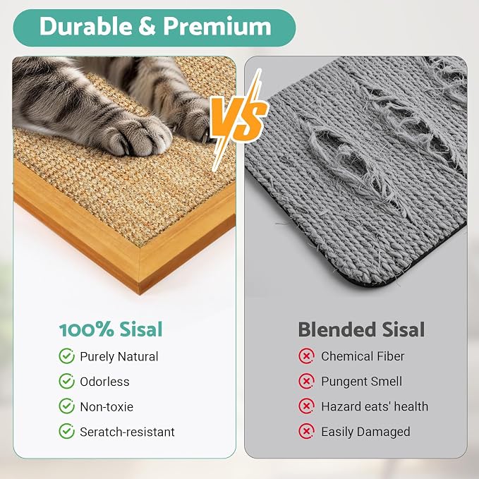 Cat Scratching Post -XXL, Natural Wooden Sisal Cat Scratch Pad, Floor or Wall Mounted Vertical Cat Scratcher Mat for Indoor Cats Adults or Kittens, Scratching Board Cat Wall Furniture Protector - Image 4