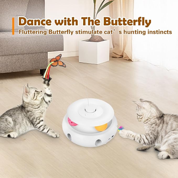 3-in-1 Interactive Cat Toy for Indoor Cats, White | Rechargeable Automatic, Fluttering Butterfly, Moving Feather, Smart Sensor 6 Holes Whack-A-Mole, Track Balls - Image 6