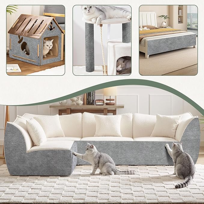 Cat Scratch Mat for Couch, 78.7x15.8 in Self-Adhesive | DIY Climb Cat Scratch Carpet, Trimmable Pads for Tree Post, Couch Furniture Wall Door Protector, with Pins & Tape, Light Grey - Image 2