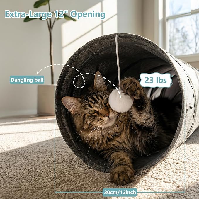 Ownpets Cactus Cat Tunnel 12" with Peek Holes for Indoor Large Cat, Grey | Durable Oxford fabric, noise-free, foldable & connectable, multi-cat friendly, tube for cats up to 20lb, includes ball & wand - Image 2