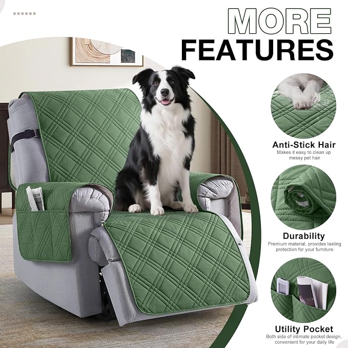 TAOCOCO 100% Waterproof Recliner Chair Cover, Non Slip Recliner Covers for Reclining Chair with Pocket, Washable Reclining Chair Cover Furniture Protector for Kids, Pets(Recliner Chair, Vine Green) - Image 5