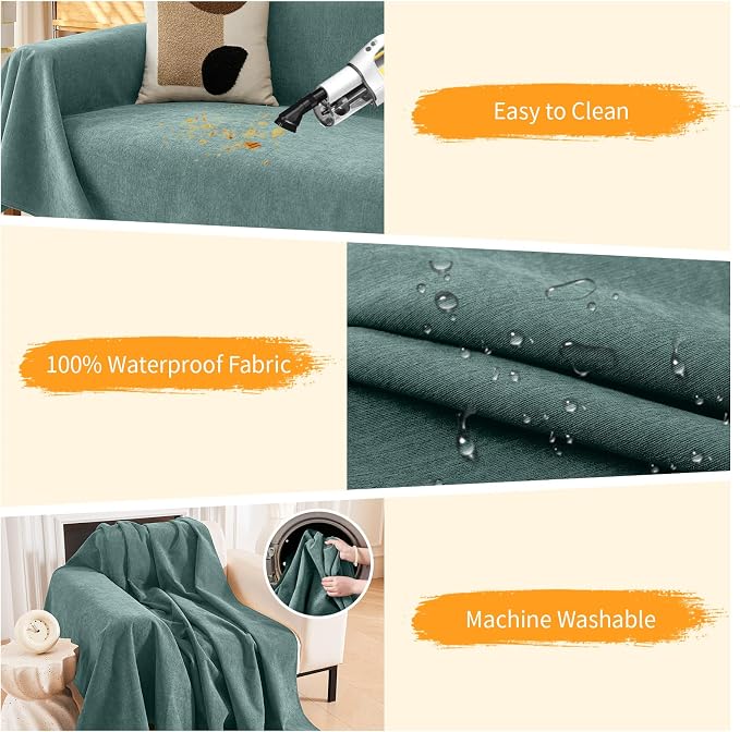 Deep Dream Cat-Scratch Resistant Couch Cover, Waterproof Sofa Cover for 3 Cushion Couch Washable, Pet Friendly Couch Protectors Anti Slip Thickened Love Seat Slipcovers for Dogs Pets,91" x 134",Green - Image 4