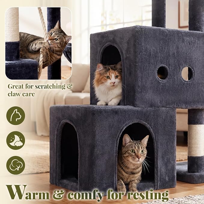 Hey-brother Cat Tree Tower with Steped Climbing Condos, Platforms, MPJ061G | 51.2 Inches Scratching Posts with 2 Spacious Condos, Self-Grooming Brush, Cozy Basket, Balls for Indoor Cats, Smoky Gray - Image 7