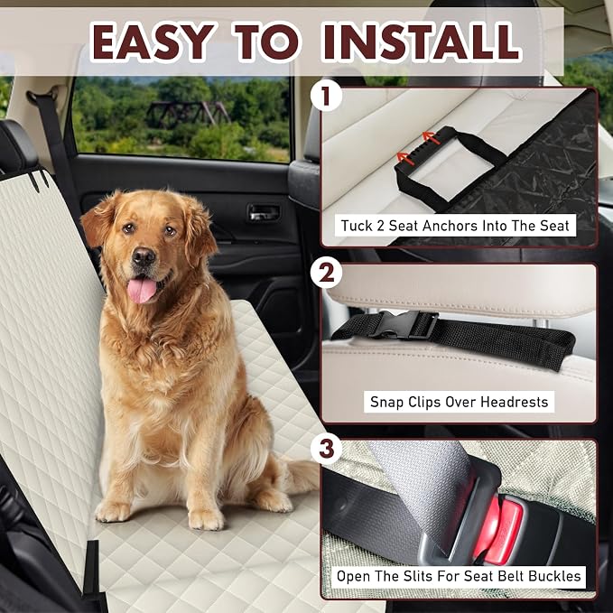 Waterproof Dog Backseat Cover for Cars, Non-Slip Pet Seat Protector, Beige - Image 3