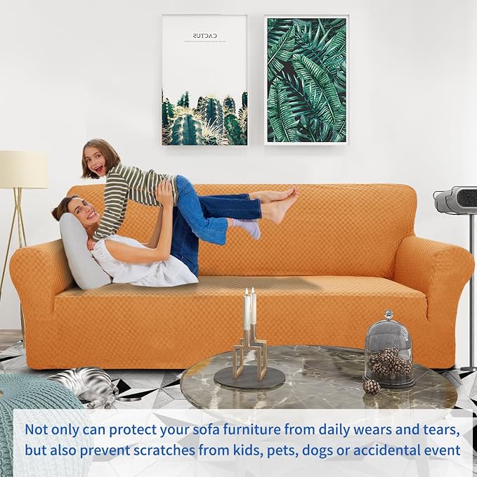 ZNSAYOTX 1 Piece Jacquard Couch Covers for 3 Cushion Couch High Stretch Sofa Cover for Pets Dogs Anti Slip Extra Large Sofa Slipcovers Furniture Protector (X-Large, Orange) - Image 2