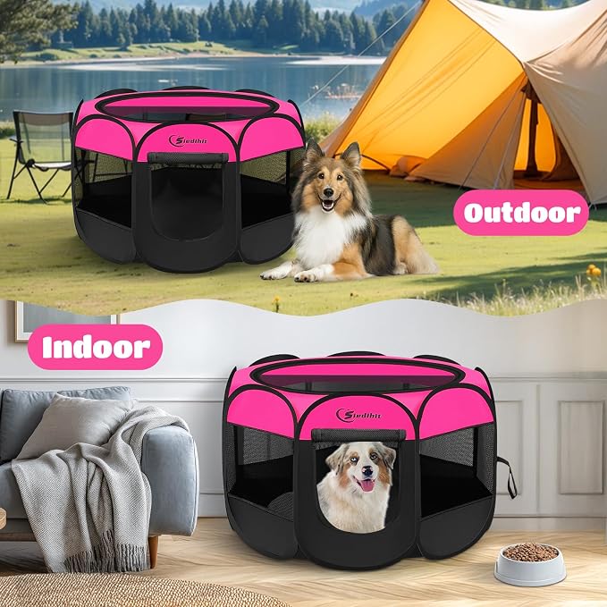 Siedihit Dog Cat Playpen, Large Puppy Pet Playpen, Dog Crate Tent Cage | Indoor/Outdoor, Portable Pop Up Dogs Kennel Playpen with Carrying Case for Dogs/Cats/Rabbits, Hot Pink - Image 5