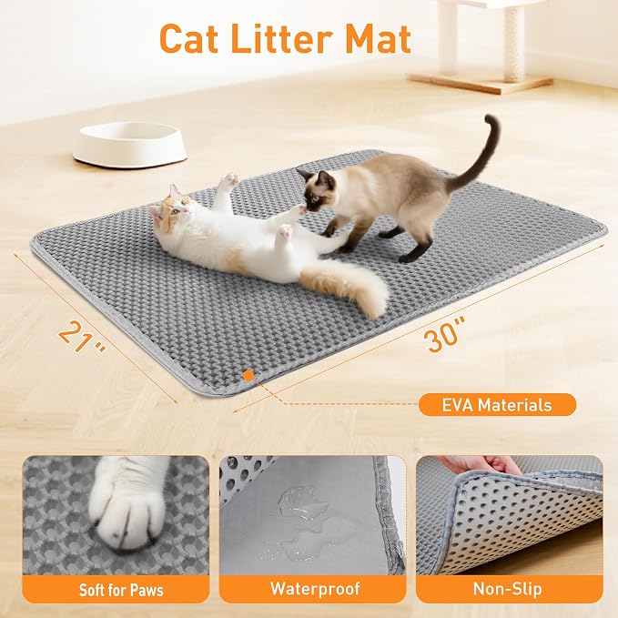 Cat Litter Mat 30"x21" Urine-Proof Small Litter Mat Litter Box Mat | Double Layer Honeycomb Cat Mat Soft EVA litter matt Fits Litter Boxes, kitty Litter mat Trapping Mat, Easy-Open Edge Grey - Image 2