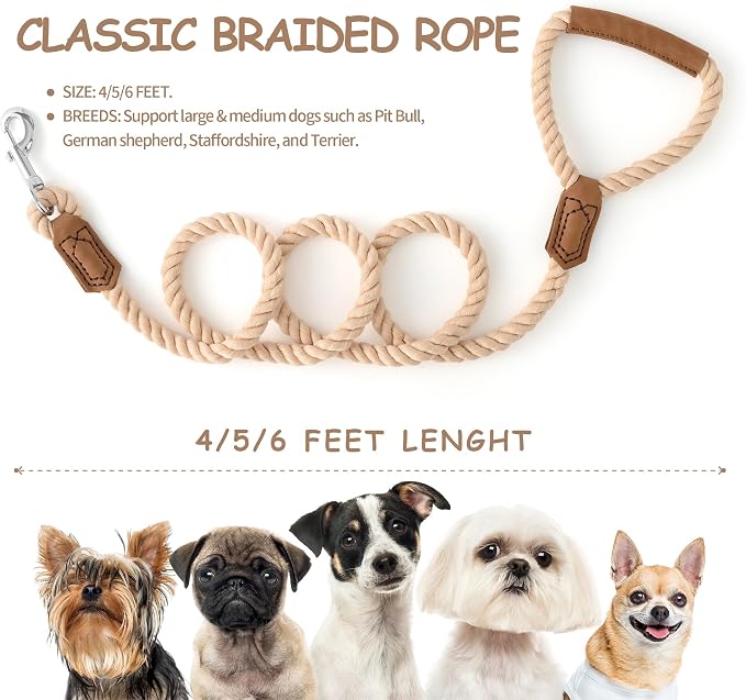 Mile High Life Dog Leash Braided Cotton Rope w/Leather-Wrapped Ends/Handle | Rust-proof 360° swivel clasp, Heavy-duty for medium/large dogs. Great for weddings, daily walks (4 FT, 1/2", Light Brown) - Image 3