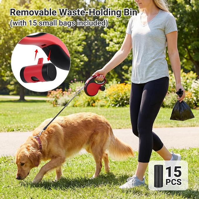 Segarty 16 Ft Retractable Leash with Waste Bag Dispenser, 5m Dog Leash Anti-Slip Handle and 360°Tangle-Free Retraction for Pets up to 66 lbs, Dogs Walking Accessories with One-Handed Brake Pause Lock - Image 6