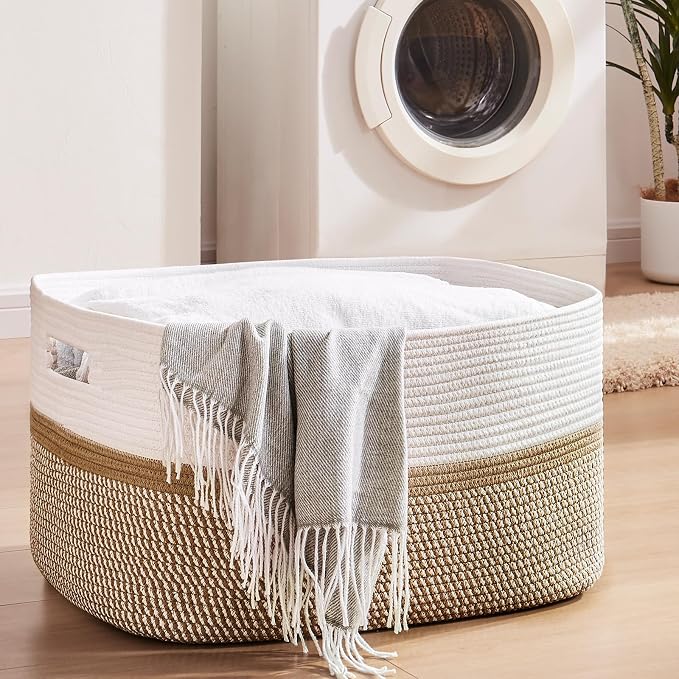 OIAHOMY Blanket Basket Laundry Basket Dog Toy Basket 75L Yellow/White | Large Storage Basket,Baby Basket,Toy Storage,Woven Rope Basket for Blankets,Blanket Storage for Living Room - Image 2