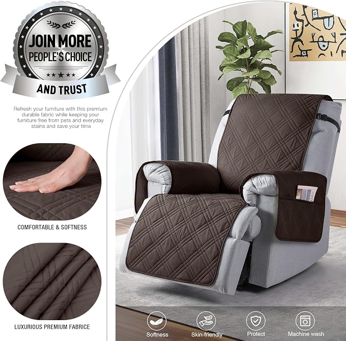 TAOCOCO 100% Waterproof Recliner Chair Cover, Non Slip Covers for Recliner Chair with Pocket, Washable Reclining Chair/Furniture Protector for Kids, Pets(23.6'', Chocolate) - Image 2