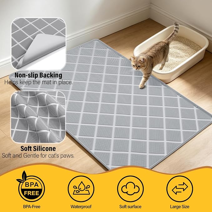 Silicone Cat Litter Mat 34" x 22" Cat Mat for Litter Box with Surface Brush | Extra Large Cat Litter Box Mat for Scatter Control, Non-Slip, Waterproof Cat Litter Mat Litter Trapping Mat with Raised Edge - Image 2