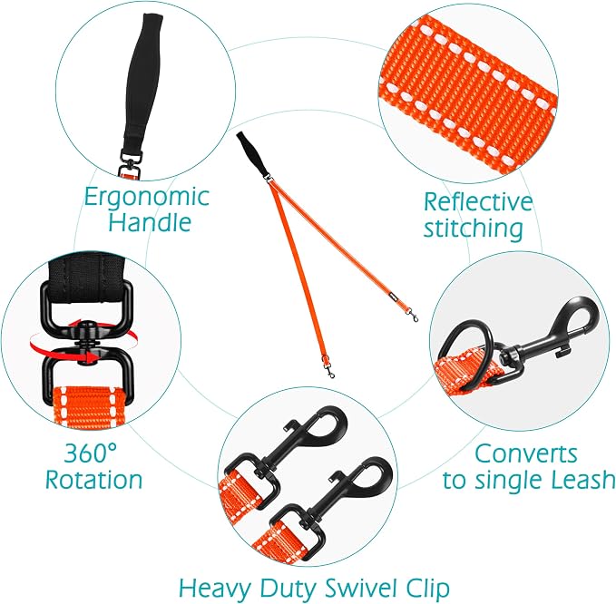PetBonus Two Point Control Dog Leash, No Tangle Training Walking Leashes | Soft Padded Handle, Reflective, Works with No Pull Harnesses, Converts to Single Lead for Medium Large Dogs, Orange - Image 3