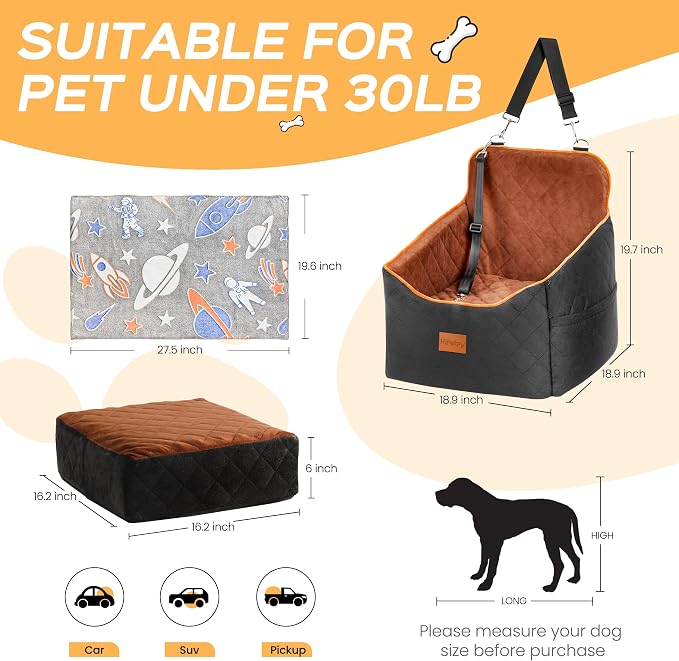 HiPetpy Dog Car Seat 6" Elevated Memory Foam Booster Seat for Small Medium Dogs Under 35 lbs with Pet Blanket, Washable Pet Car Seat with Safety Leash, Anti-Slip Base and Storage Pockets - Image 6