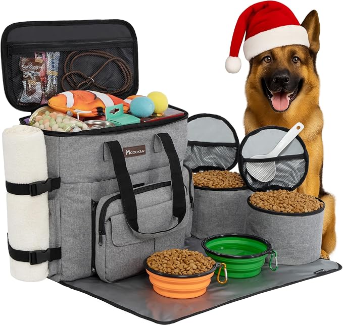 Modoker Dog Travel Organizer with 2 Collapsible Bowls for Supplies & Accessories, Airline Approved Dog Tote Pet Travel Bag with 2 Travel Food Container | Dog travel accessories set with feeding supplies, bowls, mat, and strap. Ideal for weekend trips. - Image 8
