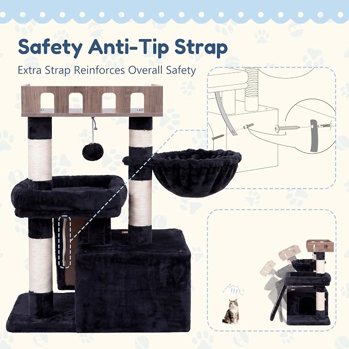 Heybly Cat Tree, Multi-Season Stable Cat Activity Tower, HCT207SG | Wooden Top Platform Cat Tower, Soft Plush Perch, Sisal Scratching Board, Cat Basket & Cozy Kitten Cat Condo, Smoky Gray - Image 6