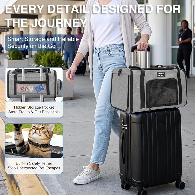 Pet Carrier for Small Dogs & Cats, Airline Approved, Lightweight, Foldable, Comfortable Travel Bag with Plush Cushion & Extra Storage (Grey) - Image 3