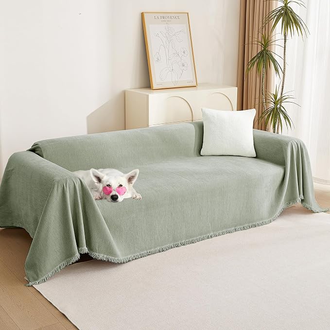 MYSKY HOME Sectional Couch Cover Blanket Living Room Furniture Protector for Pets, Farmhouse Home Decor Sofa Covers Tassel Chenielle Sofa Slipcover Soft Throw Couch for Dogs,71" X 118", Sage Green by MYSKYHOME